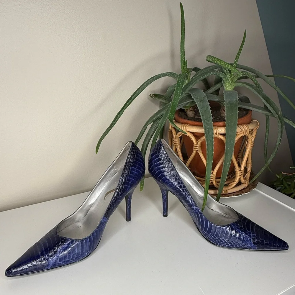Vintage Nina New York Snakeskin Blue Pointed Toe Stiletto Heels Size 8.5M - Picture 3 of 13